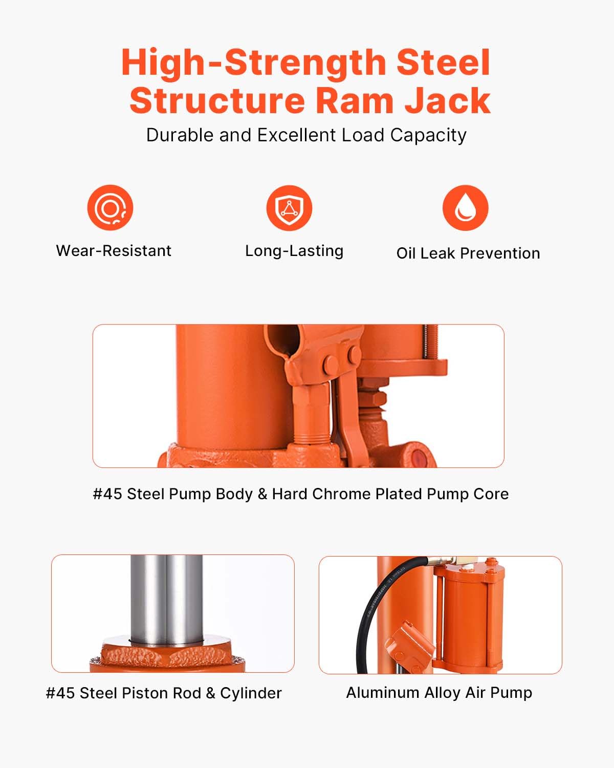 VEVOR 8-Ton Hydraulic Long Ram Jack, Engine Hoist Cylinder with Air Pump & Single Piston, Clevis Base Cylinder for Engine Lifts, Garage/Shop Cranes, Mechanical & Farm Applications