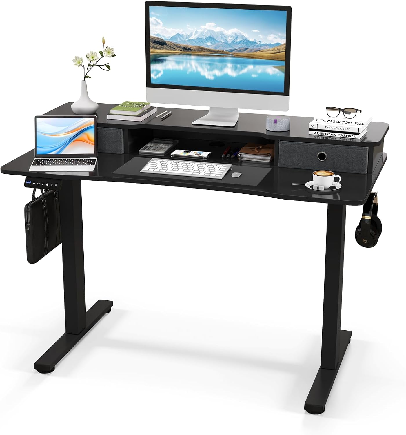 Tangkula 63" x 24" Standing Desk with Drawers, Electric Stand-up Desk with Monitor Stand, Side Hooks, 3 Memory Heights, Anti-Collision Design, Height Adjustable Sit Stand Desk for Home Office
