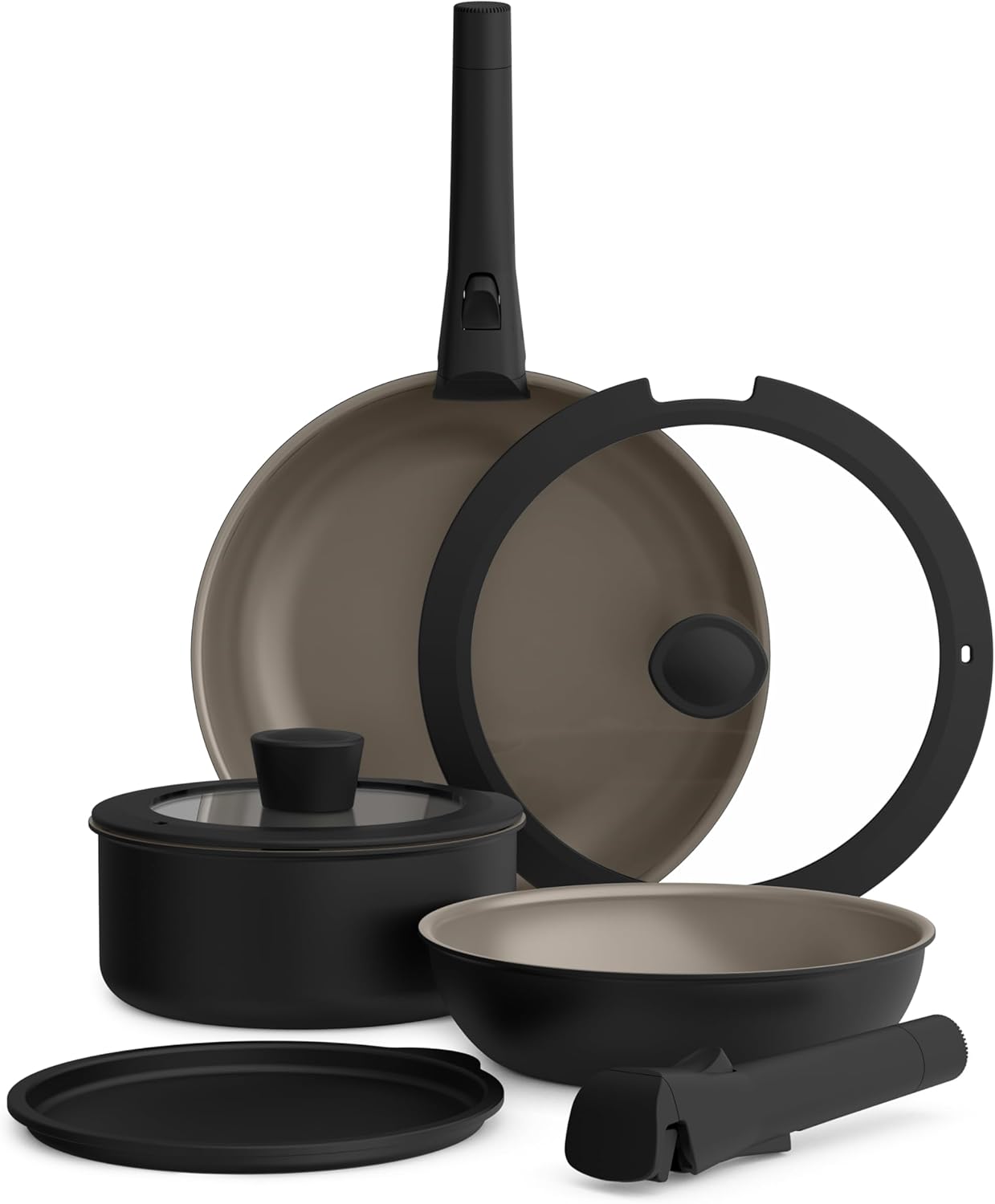 bella 8 Piece Cookware Set, Fits-anywhere™ Kitchenware w EverGood™ Ceramic Nonstick Coating, Removable Handles, Dishwasher & Oven Safe, All Stovetops Compatible, Glass Lids w Silicone Rims, Oatmilk