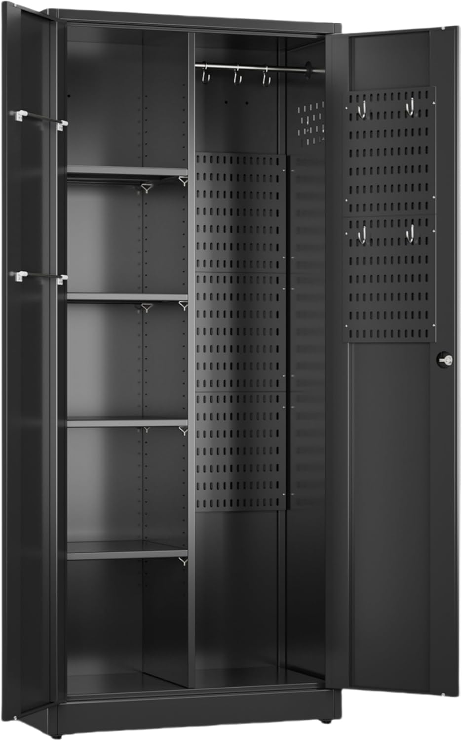 Aobabo Black Metal Cleaning Tool Storage Cabinet with Lockable Door with Keys, 71.41" H×31.53" W×15.74" D, Adjustable Shelves, Pegboard, 13 Hooks, Broom Closet Storage Cabinet for Janitorial Supplies