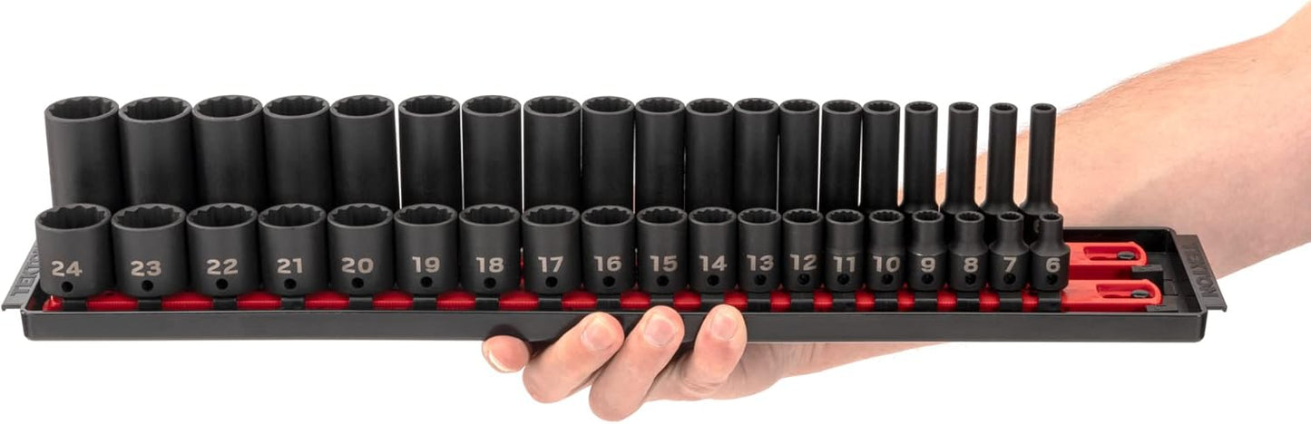 TEKTON 3/8 Inch Drive 12-Point Impact Socket Set with Rails, 68-Piece (1/4-1 in., 6-24 mm) | SID91219