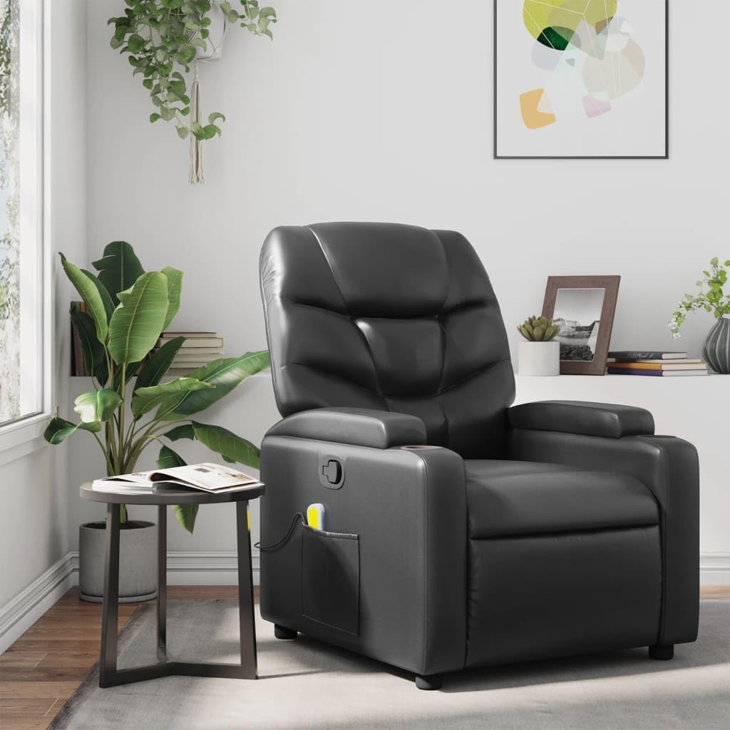 vidaXL Black Leather Recliner Chair with 6-Point Vibration Massage, Adjustable Backrest & Footrest, Cup Holders, Side Pocket, Padded Seat, Perfect for Living Room or Home Theater Seating