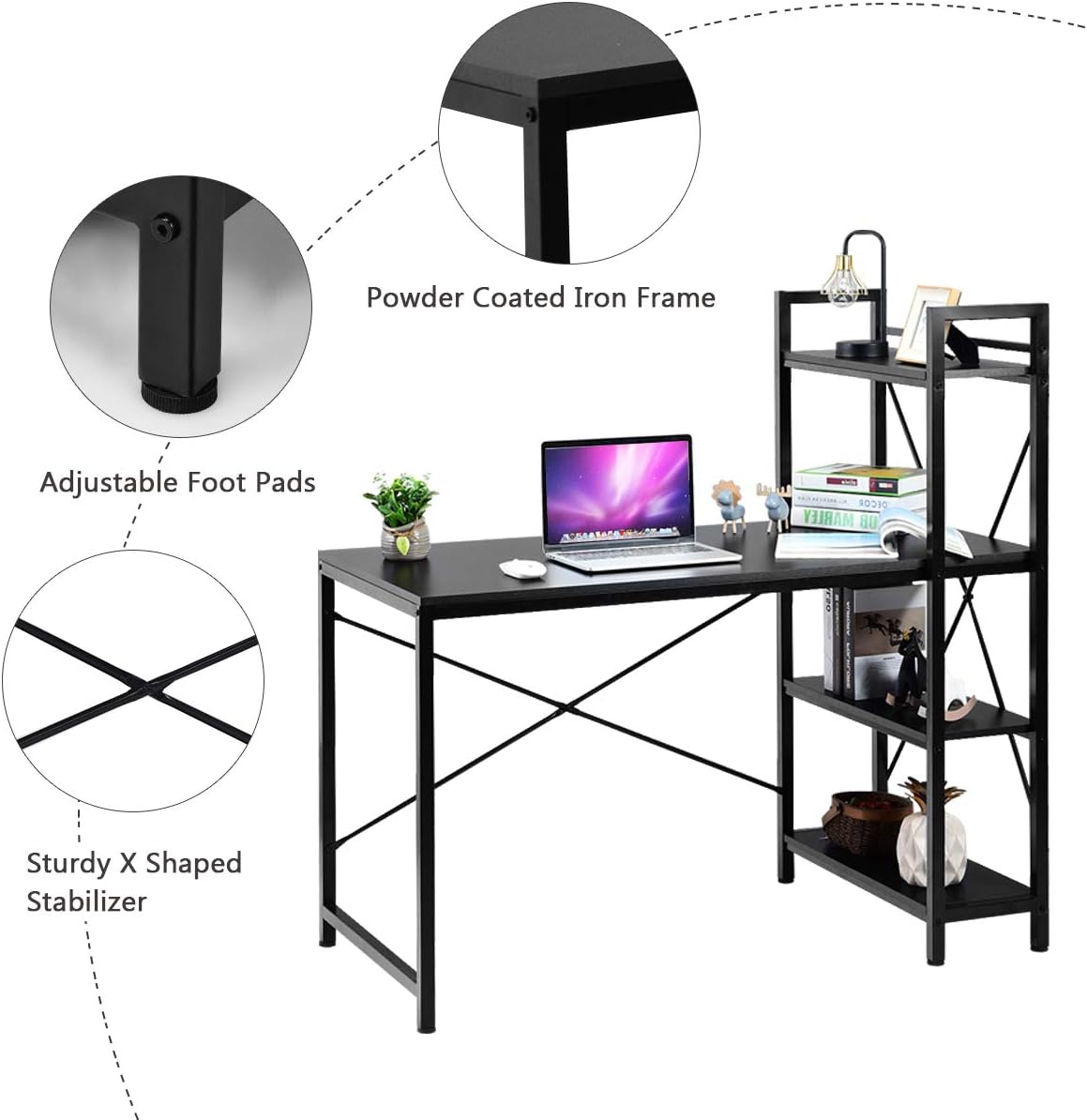Tangkula Computer Desk with 4 Tier Shelves, Study Writing Table with Storage Bookshelves, Modern Compact Home Office Workstation, 47.5" Tower Desk with Steel Frame & Adjustable Feet Pad, Black