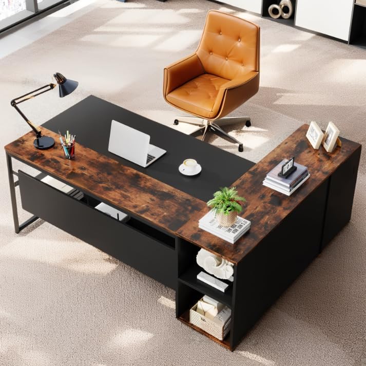 Tribesigns 71" L-Shaped Executive Desk, Large Office Desk with Lateral Cabinet and Open Shelves, Industrial Computer Table for Home Office, Walnut & Black