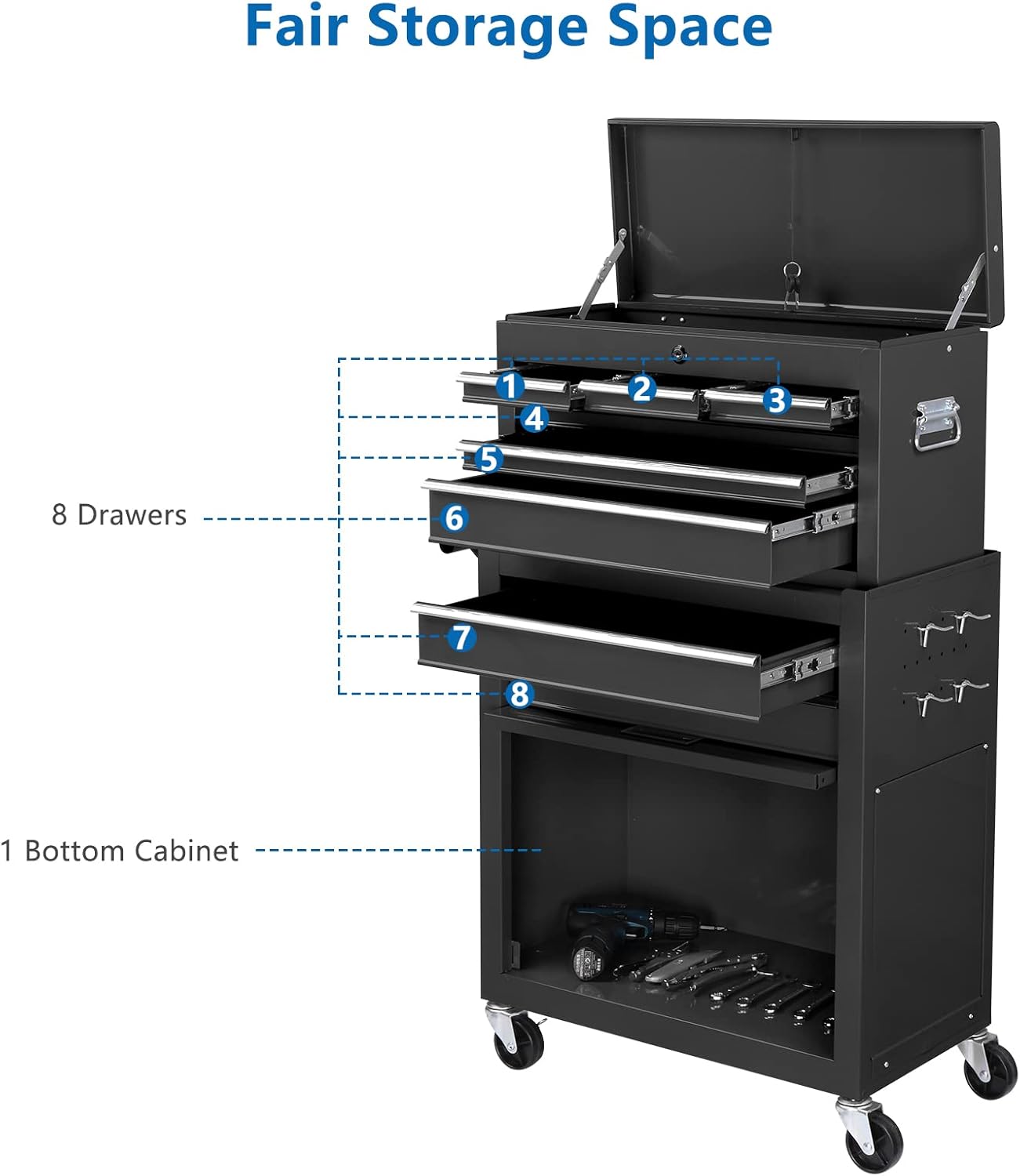 TUFFIOM 8-Drawer Rolling Tool Chest, Tool Storage Cabinet w/Lockable Wheels, Detachable Top, Drawers & Side Hooks, Mechanic Tool Organizer Box for Garage Warehouse Repair Shop