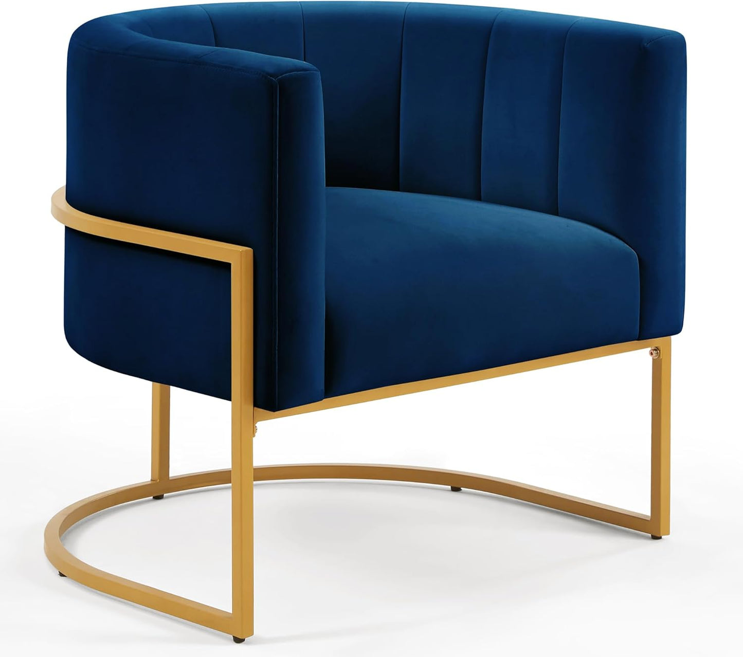 Velvet Accent Chairs, Mid Century Modern Upholstered Round Barrel Chair Metal Gold Stand Comfy Velvet Channel Tufting Armchair for Living Room, Bedroom, Office Easy Assemble (Navy Blue, Set of 2)