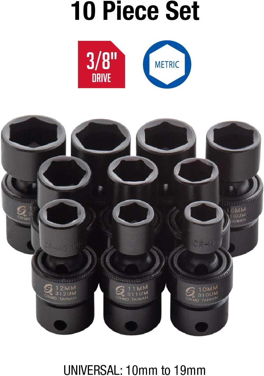 SUNEX TOOLS 3657, 3/8 Inch Drive Universal Impact Socket Set, 10-Piece, Metric, 10mm - 19mm, Cr-Mo Alloy Steel, Radius Corner Design, Dual Size Markings, Heavy Duty Storage Case, Meets ANSI Standards