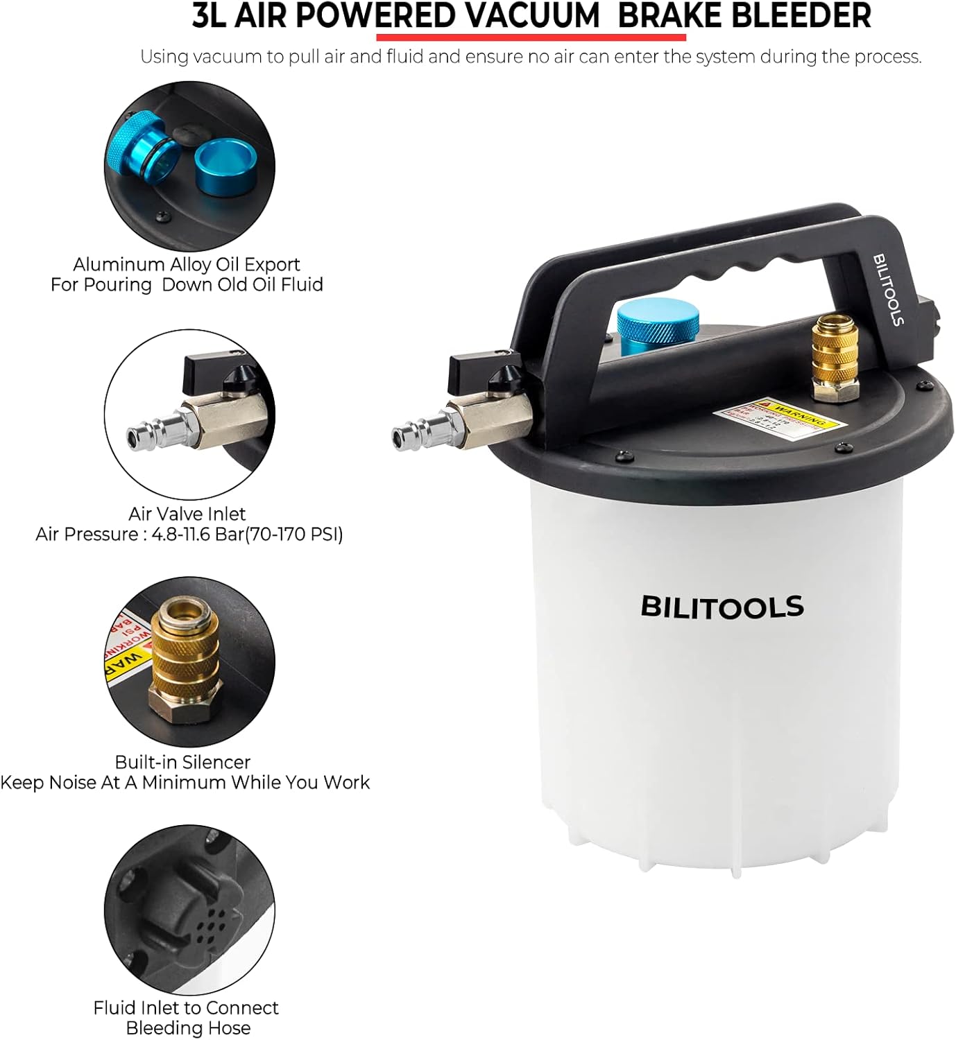 BILITOOLS 3L Vacuum Brake Bleeder Kit, One Person Pneumatic Brake Fluid & Clutch Bleeding Extractor Tool with Adapters & 1L Refilling Bottle