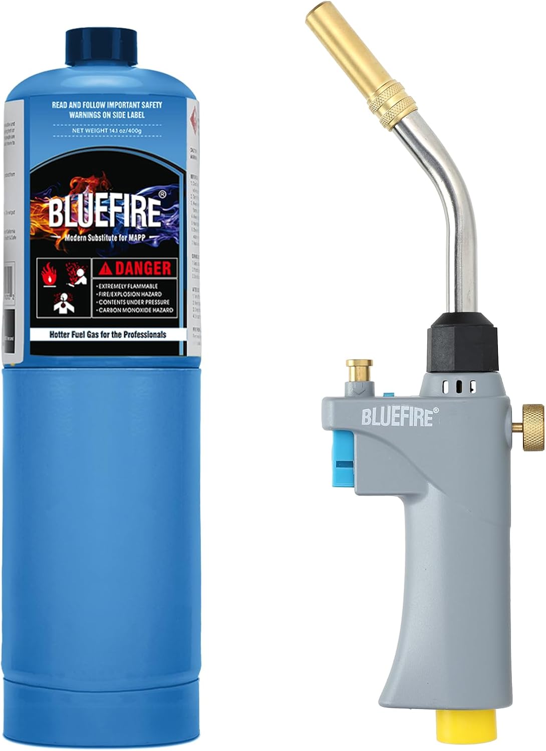 BLUEFIRE BTS-8090 Propane Torch Trigger Start Heavy Duty Gas Welding Head Adjustable Swirl Flame Hand Blow Torch Hold Portable Fuel by MAPP/MAP Pro/Propane Bottle Tank (Torch with MAPP Cylinder)