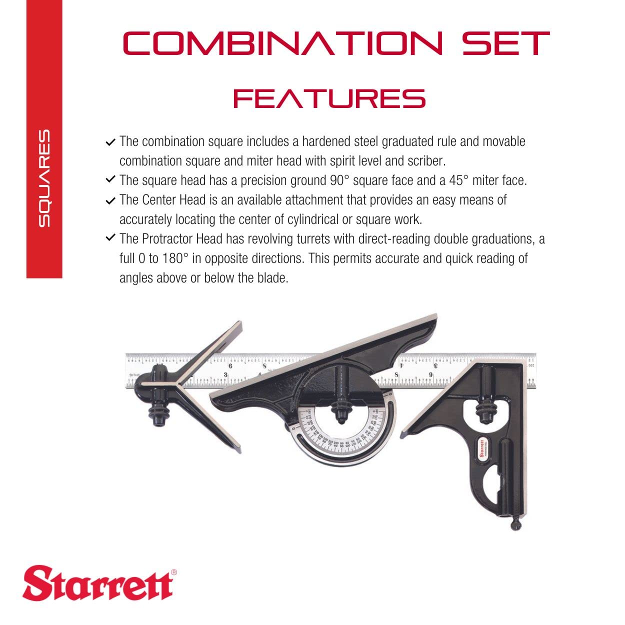 Starrett Combination Set with Square, Center and Reversible Protractor Head and Blade - 12" Blade Length, Forged and Hardened Steel, 16R Graduation Type - C434-12-16R