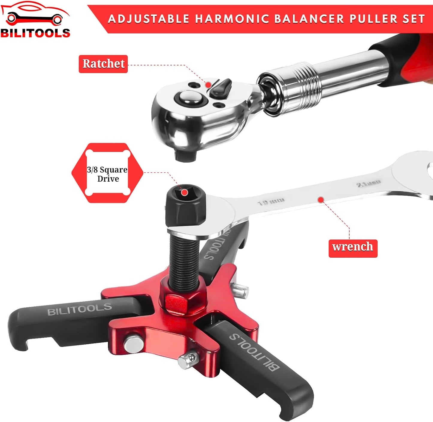 BILITOOLS Harmonic Balancer Puller Set, Upgraded 3-Jaw Pulley Puller with Holding Tool for Removing Harmonic Damper Balancers Compatible with Chevy, GM, Chrysler, Ford etc.