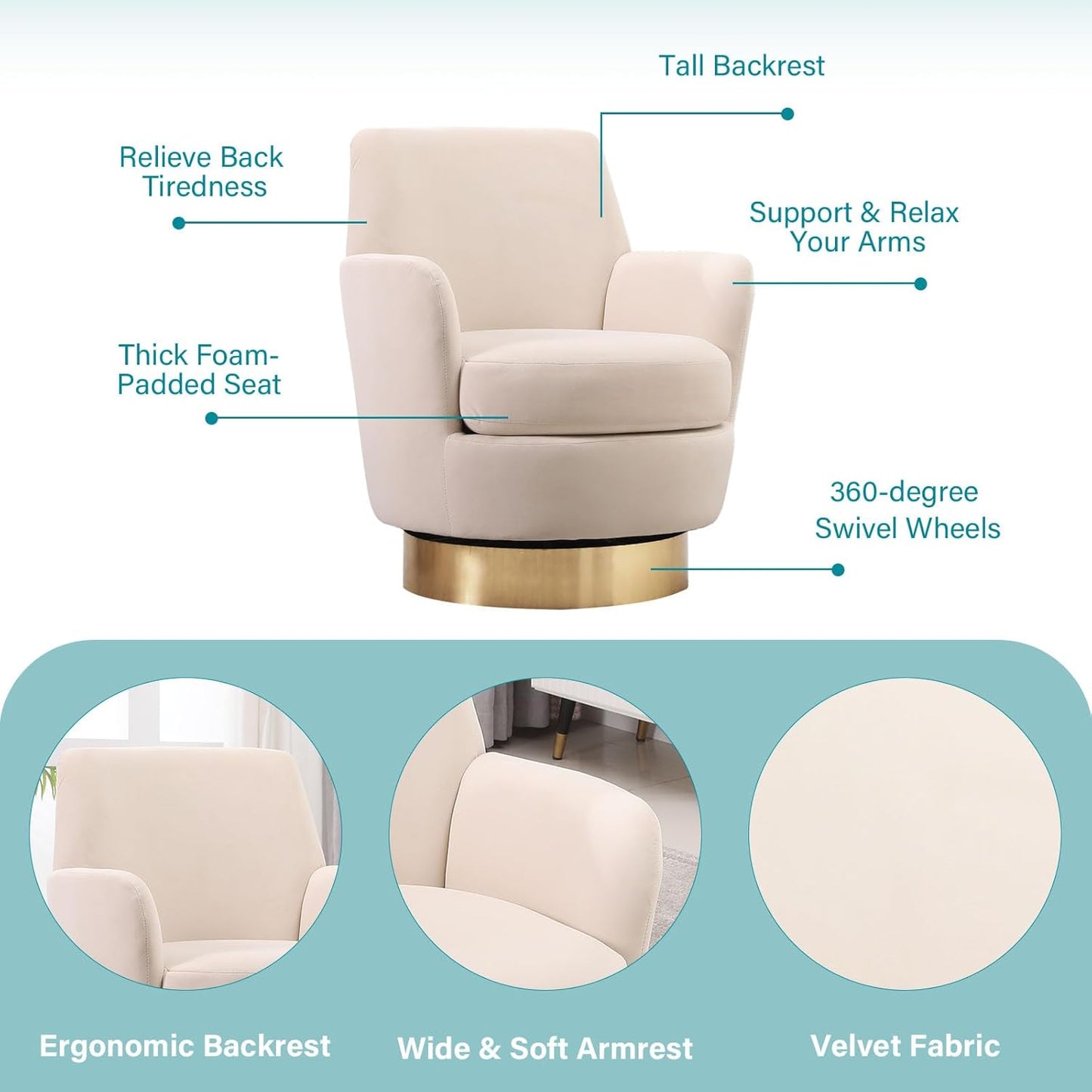 360° Swivel Barrel Chair Set of 2, 28.3" W Comfy Velvet Swivel Accent Chairs, Modern Round Single Accent Chair with Gold Metal Base for Living Room, Bedroom, Office (Beige*2)
