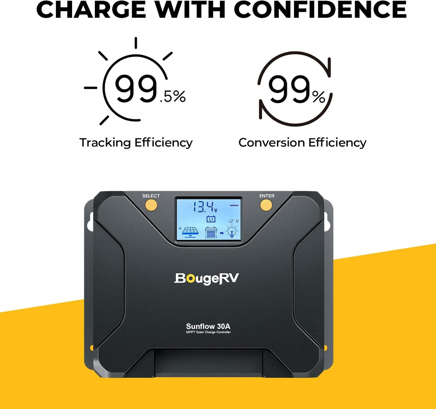 BougeRV MPPT Solar Charge Controller 30A, w/ Low-Temp Cut-Off, APP Control, Backlit LCD, 30 Amp Solar Panel Regulator 12V/24V for LiFePO4, SLD, Gel, FLD, AGM Battery, RV, Marine, Upgraded