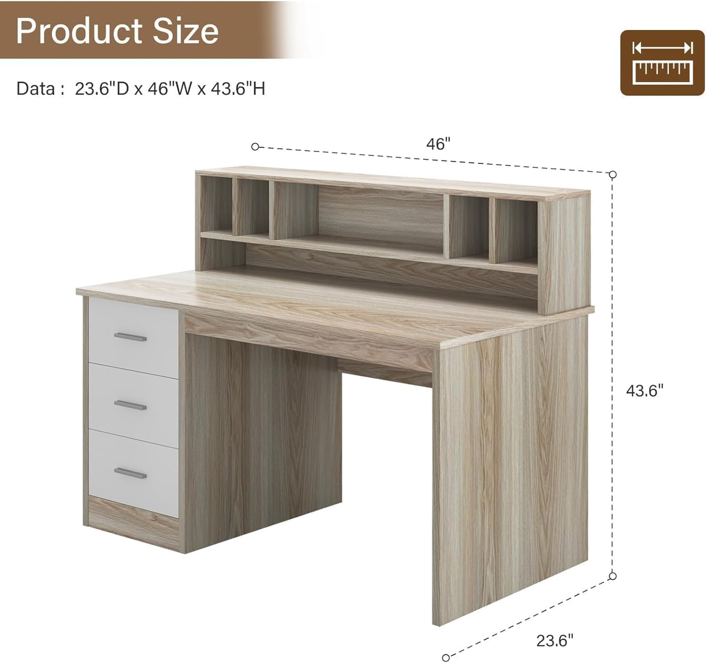 46 inch Home Office Desk with 3 Storage Drawers for Small Spaces, Writing Study Table for Home Office, Computer Desk with Hutch, Walnut and White
