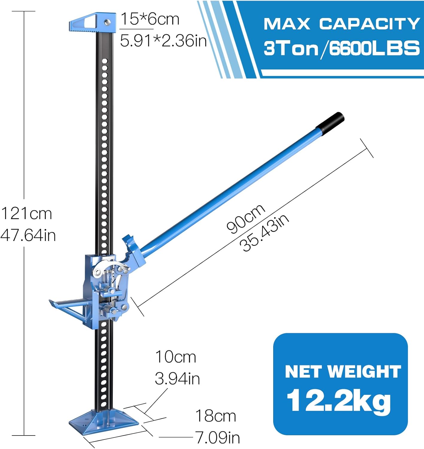 48" Farm Jack,3 Ton/6600 Lbs Capacity Utility High Lift Farm Jack, Ratchet Utility Jack with Adjustable Height, Heavy-Duty for Tractors,Trucks,Blue