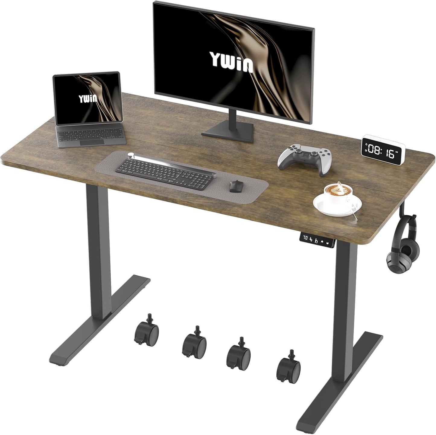 Ywin Electric Height Adjustable Standing Desk, 55 x 24 inches Sit Stand Desk with Wheels, Ergonomic Stand Up Desk for Home Office
