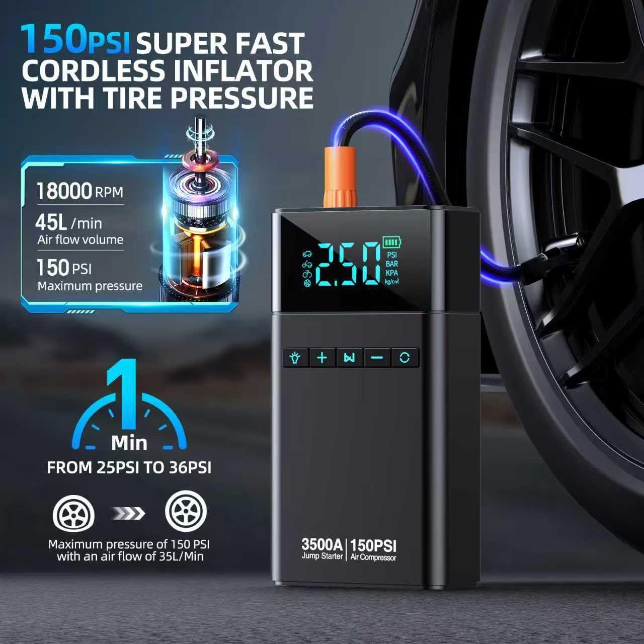 10-in-1 Car Battery Jump Starter with Air Compressor, 3500A 21800mAh Portable Car Jumper Starter (All Gas 12L Diesel), 150PSI 12V Jump Box Car Battery Jump Starter with Jumper Cables, Lights