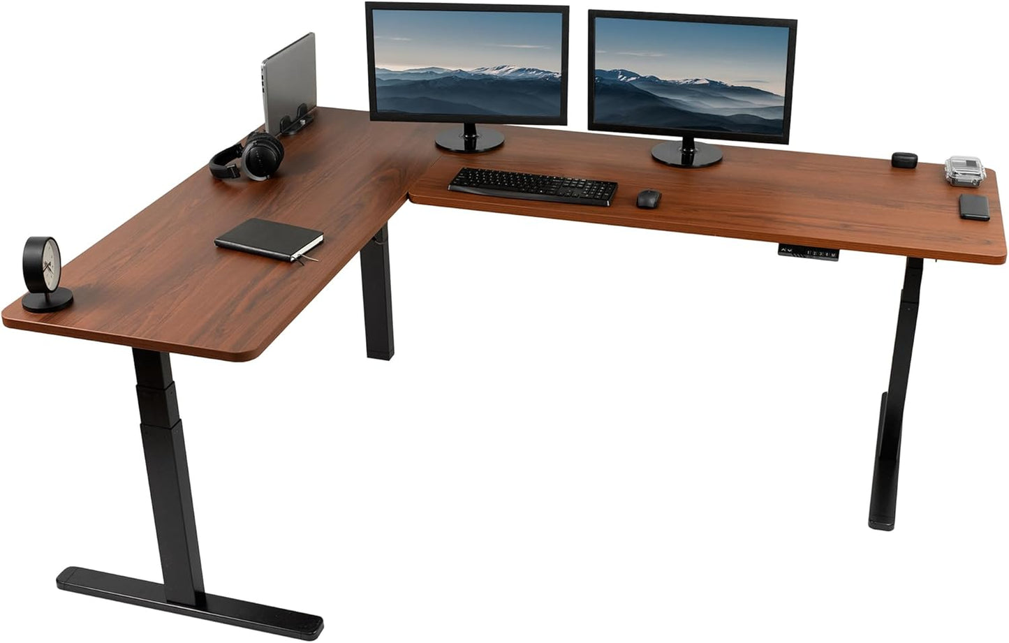 VIVO Electric Height Adjustable 83 x 60 inch Corner Stand Up Desk, 2 Light Wood Solid Table Tops, White Frame, Memory Controller, L-Shaped Workstation, 3E Series, DESK-KIT-3E8C