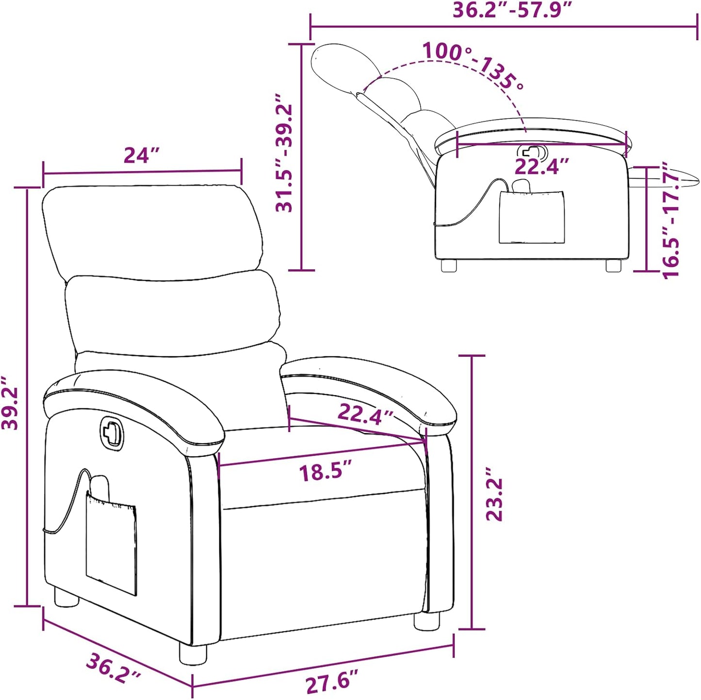 vidaXL Massage Recliner Chair for Adults, Single Theater Seating with Vibration Massage & Manually Adjustable Backrest/Footrest, Modern Reclining Sofa for Living Room, Cream Leather