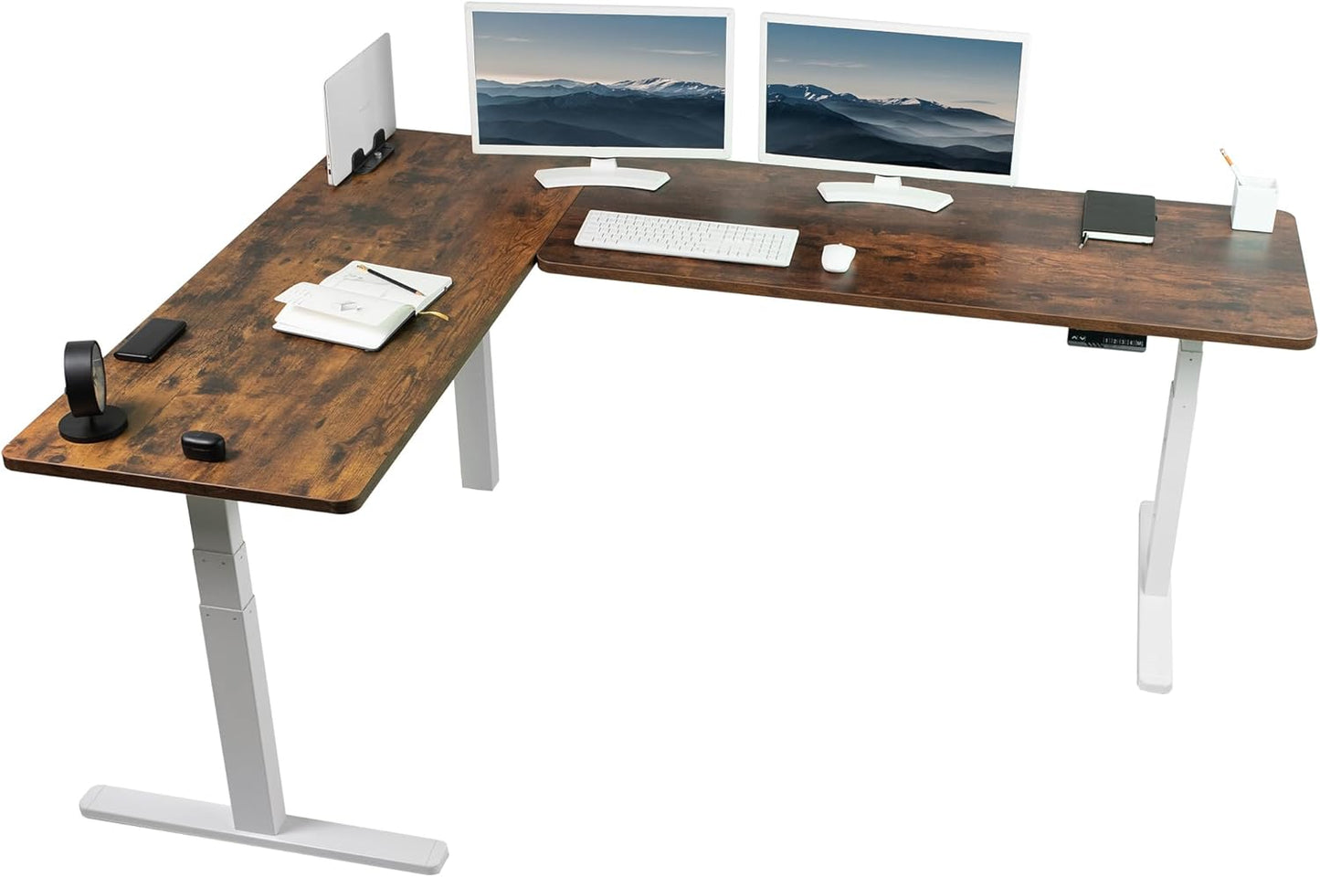VIVO Electric Height Adjustable 83 x 60 inch Corner Stand Up Desk, 2 Light Wood Solid Table Tops, White Frame, Memory Controller, L-Shaped Workstation, 3E Series, DESK-KIT-3E8C