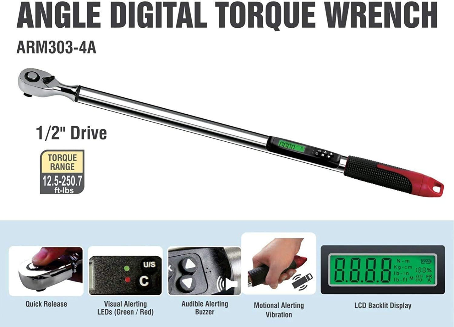 ACDelco ARM303-4A-340 1/2" Heavy Duty Digital Torque Wrench with Buzzer and LED Flash Notification - ISO 6789 Standards with Certificate of Calibration