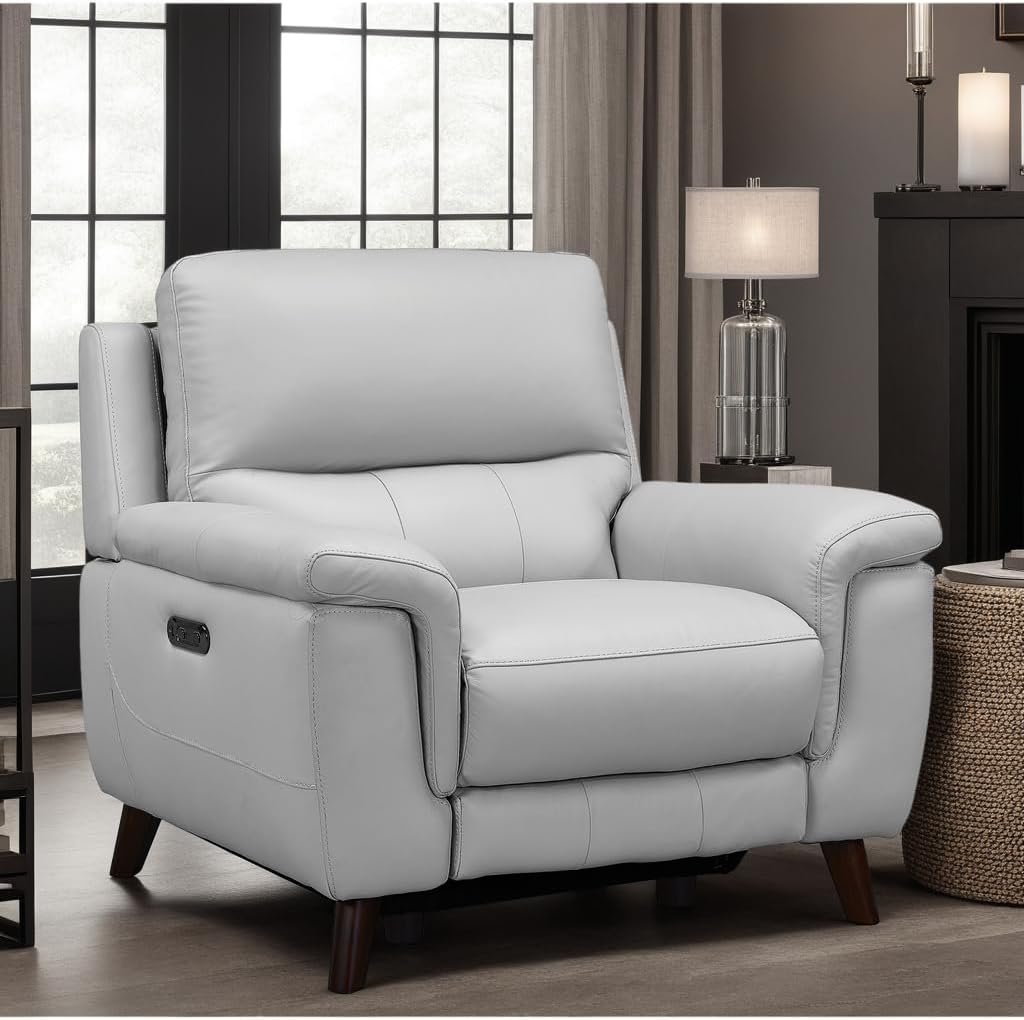Armen Living Lizette Contemporary Top Grain Leather Power Reclining Living Room Accent Chair, Dove Grey