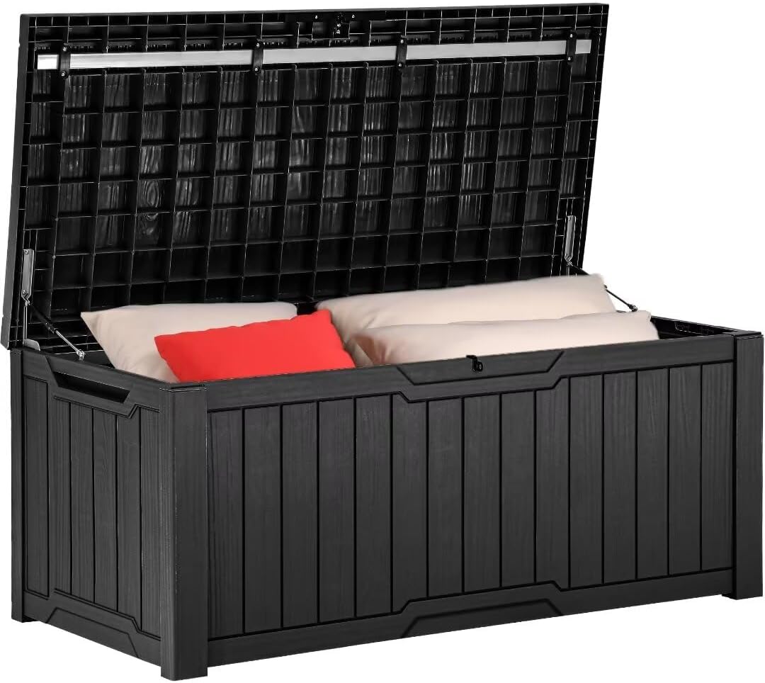 YITAHOME 120 Gallon Outdoor Storage Deck Box with Cushion, Large Resin Patio Storage for Outdoor Pillows, Garden Tools and Pool-Supplies, Waterproof, Lockable (Taupe)