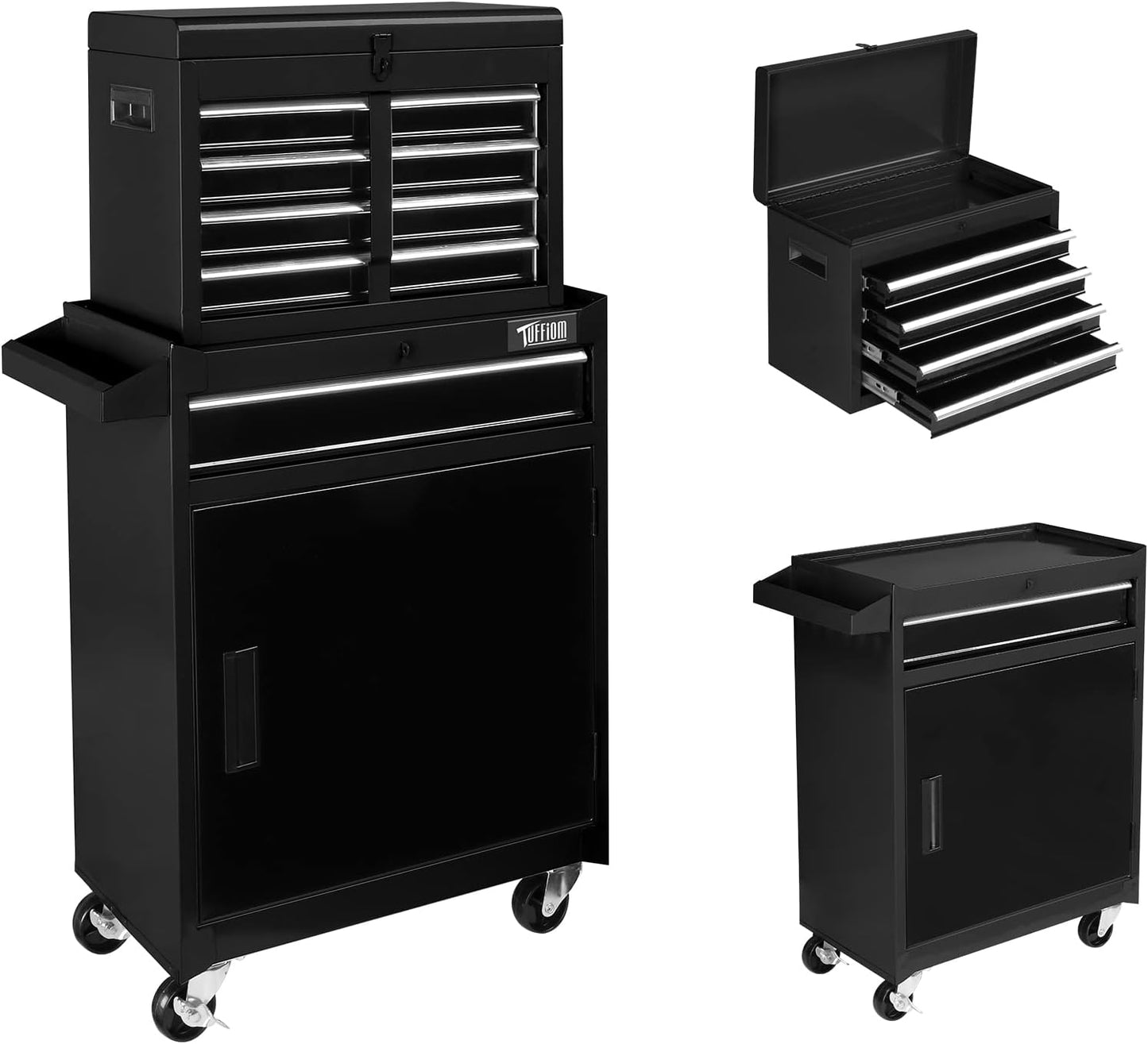 TUFFIOM 8-Drawer Rolling Tool Chest, Tool Storage Cabinet w/Lockable Wheels, Detachable Top, Drawers & Side Hooks, Mechanic Tool Organizer Box for Garage Warehouse Repair Shop