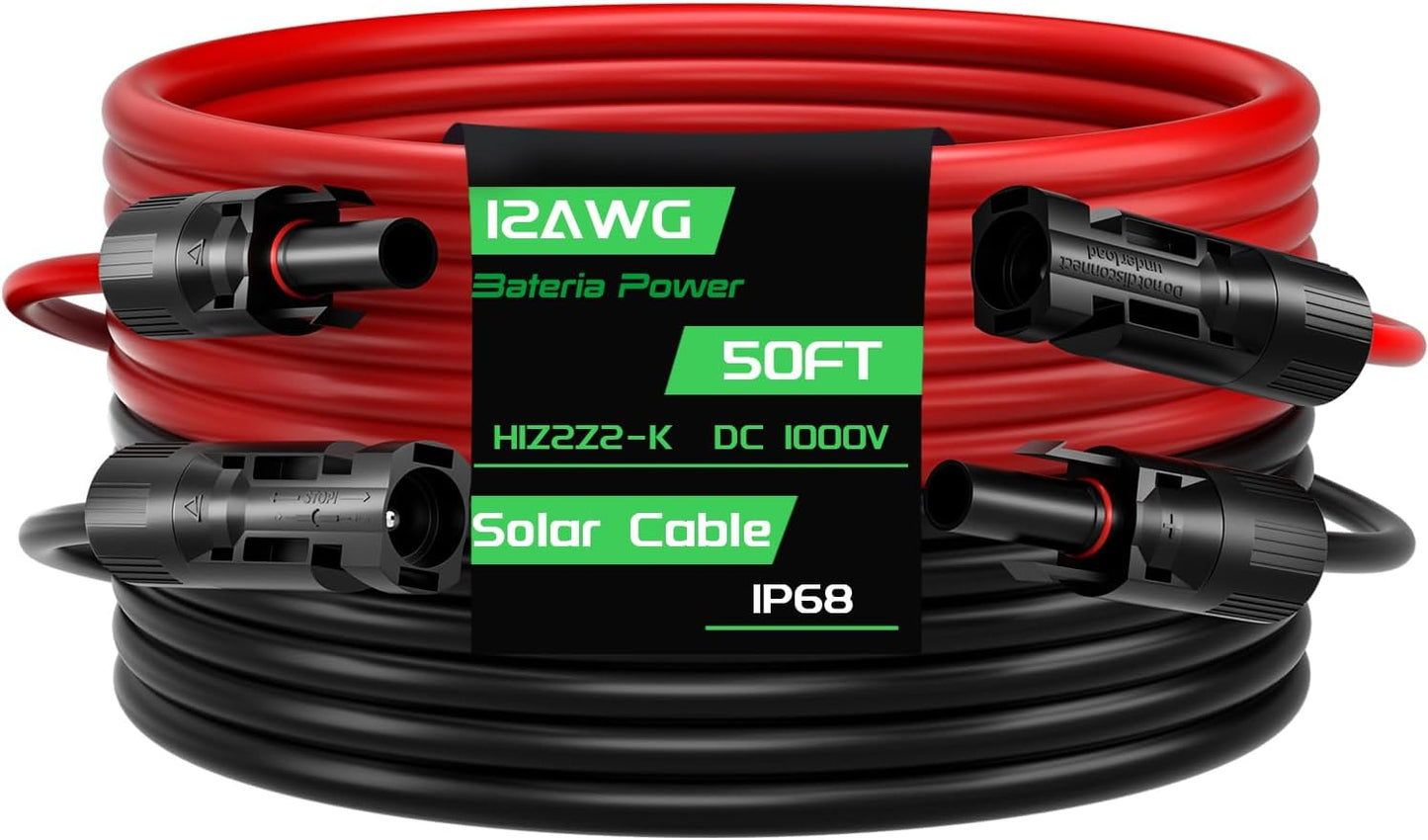 50FT 10AWG Solar Panel Extension Cable, 6mm² Solar Extension Cable Wire with Female & Male Waterproof Connectors for RV, Photovoltaic Systems, Set of 2