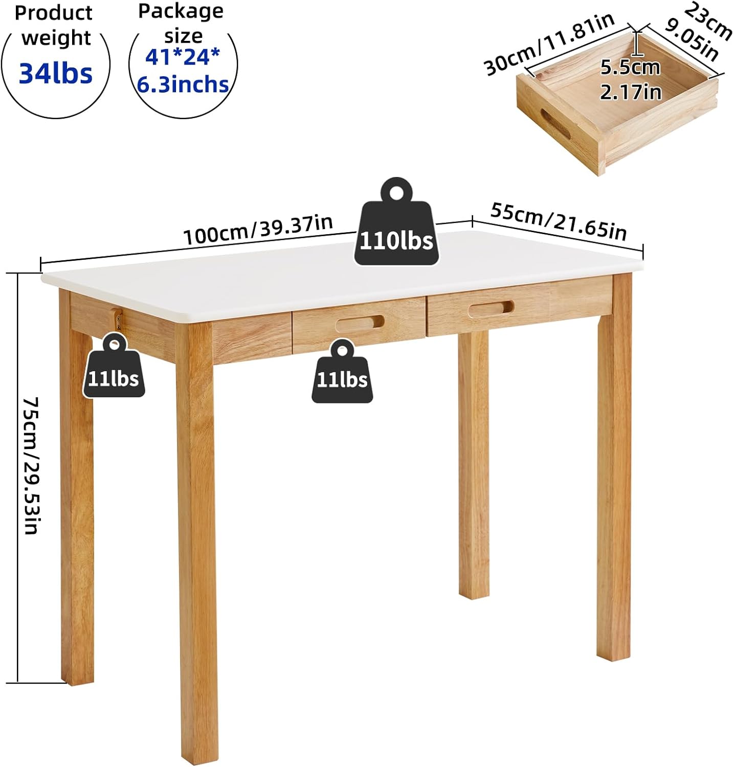 Small Computer Desk Table, Wood Writing Desk with Drawers and Hooks, 39x22x30inch Work Study Table, Wooden Dining Table White + Natural Wood Legs YD-WD02WN