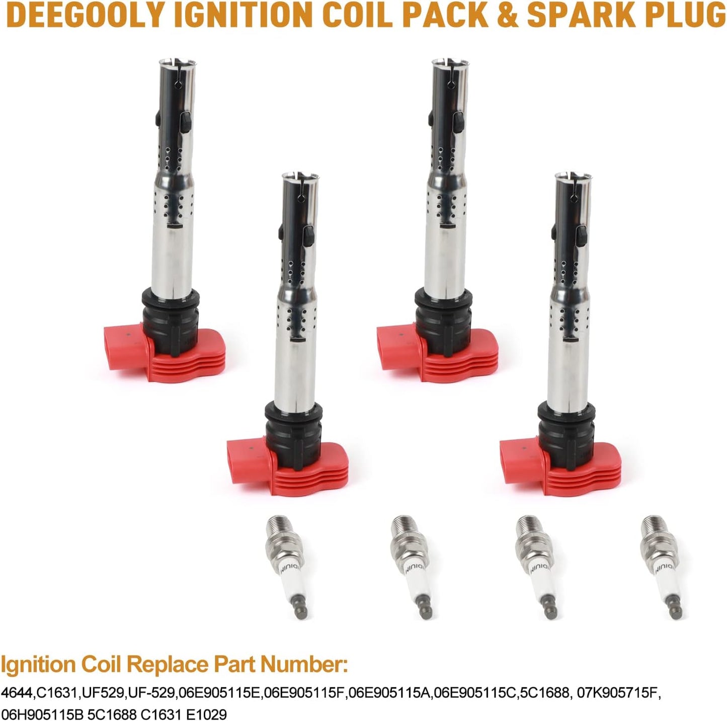 4PCS UF529 Ignition Coils & Iridium Spark Plugs Compatible with 2014-2016 Au-Di Q7 S6 Go-lf Je-tta CC Volk-swagen Allroad & Quattro Eos Replace OE 06E905115E 06H905115B