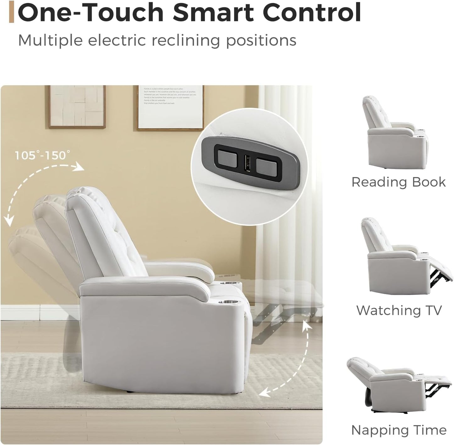 ANJ White Power Recliner Chair Electric Home Theater Seating Soft Leather Movie Chair for Living Room Overstuffed Single Reclining Sofa with Hidden Arm Storage, Cup Holders and USB Ports (Cream White)