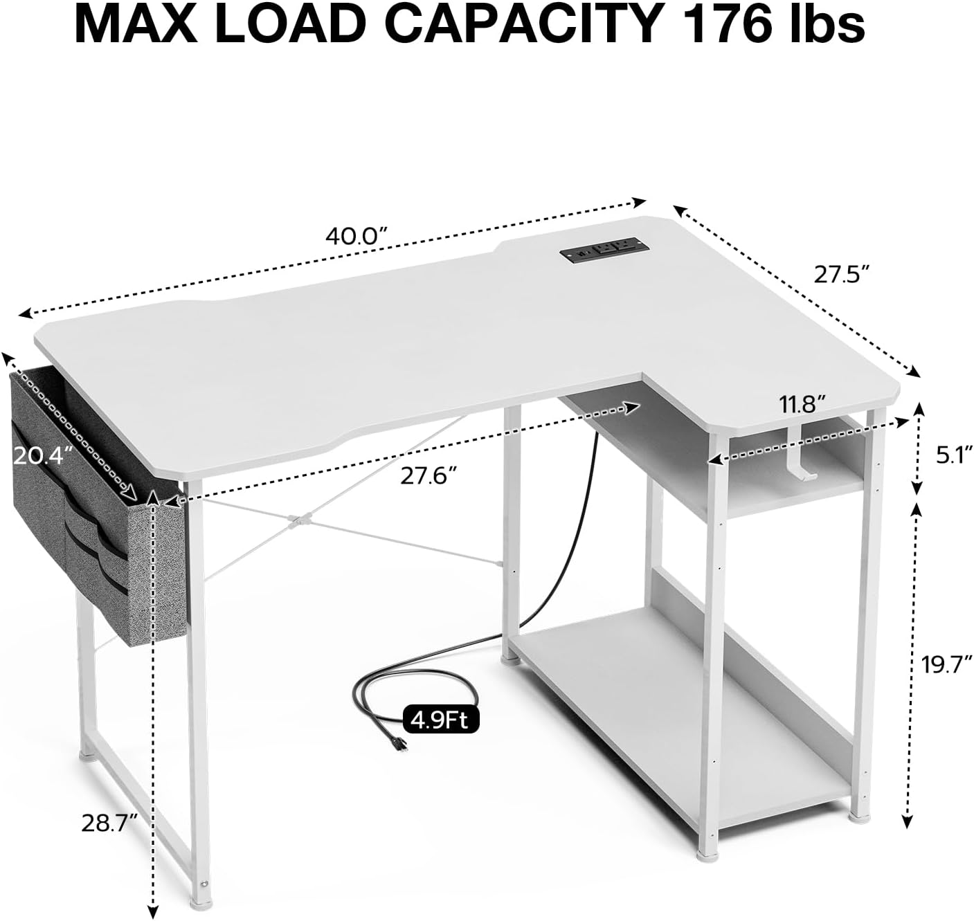 Small Gaming Desk with Power Outlets, 40 Inch L Shaped Desks with Reversible Shelves and Storage Bag,Computer Desk Corner Desk PC Desk for Gaming and Home Office Table,White