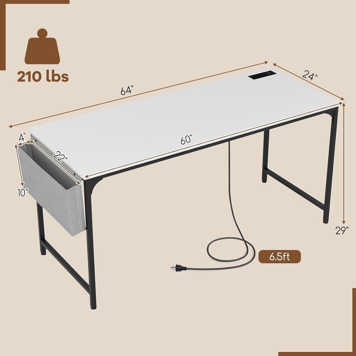 Tangkula 60” Large Computer Desk with Charging Station, Modern Simple Study Writing Desk with Storage Bag, Headphone Hook, Sturdy Metal Frame, Home Office Workstation