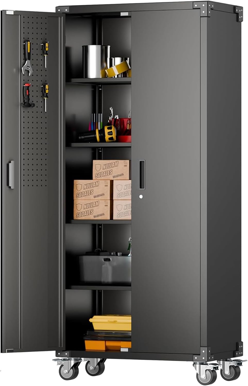 Aobabo Garage Storage Cabinet with Door Pegboard,Lockable Metal Storage Cabinet with 5 Adjustable Shelves for Garage Home,Required Assembly,Black