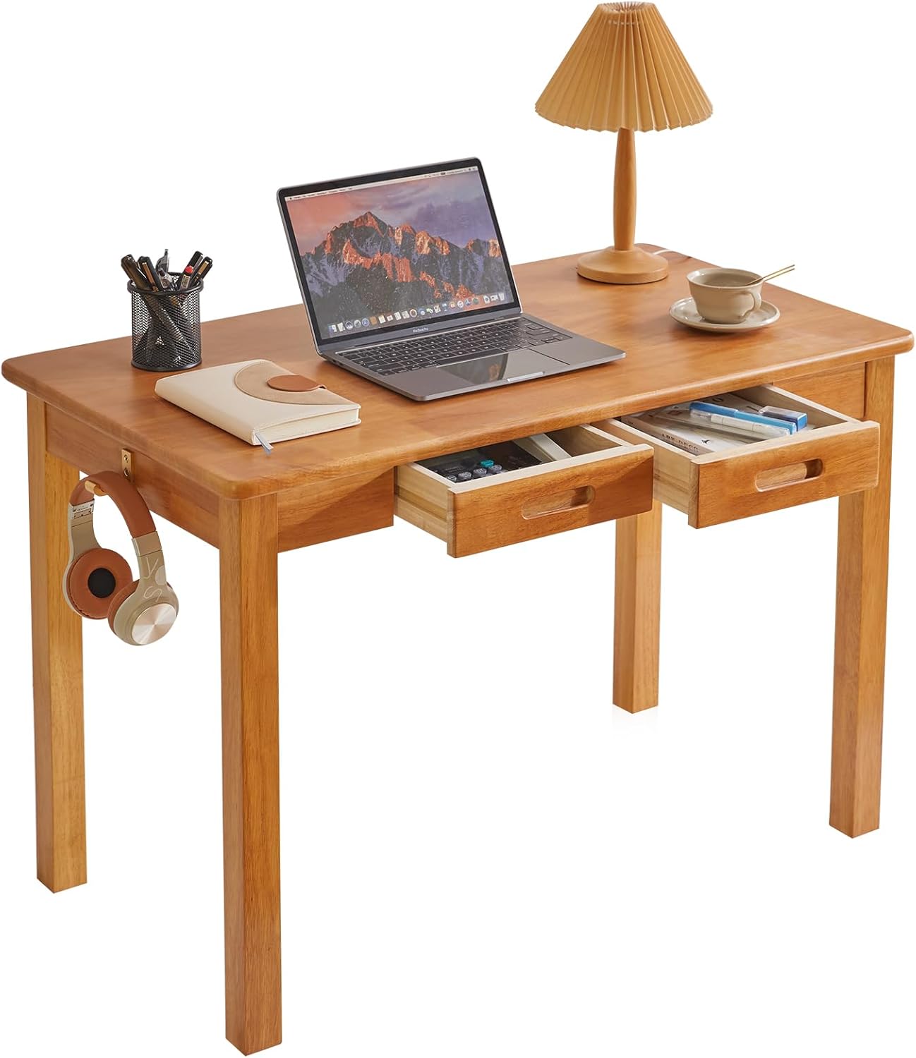 Small Computer Desk Table, Wood Writing Desk with Drawers and Hooks, 39x22x30inch Work Study Table, Wooden Dining Table White + Natural Wood Legs YD-WD02WN