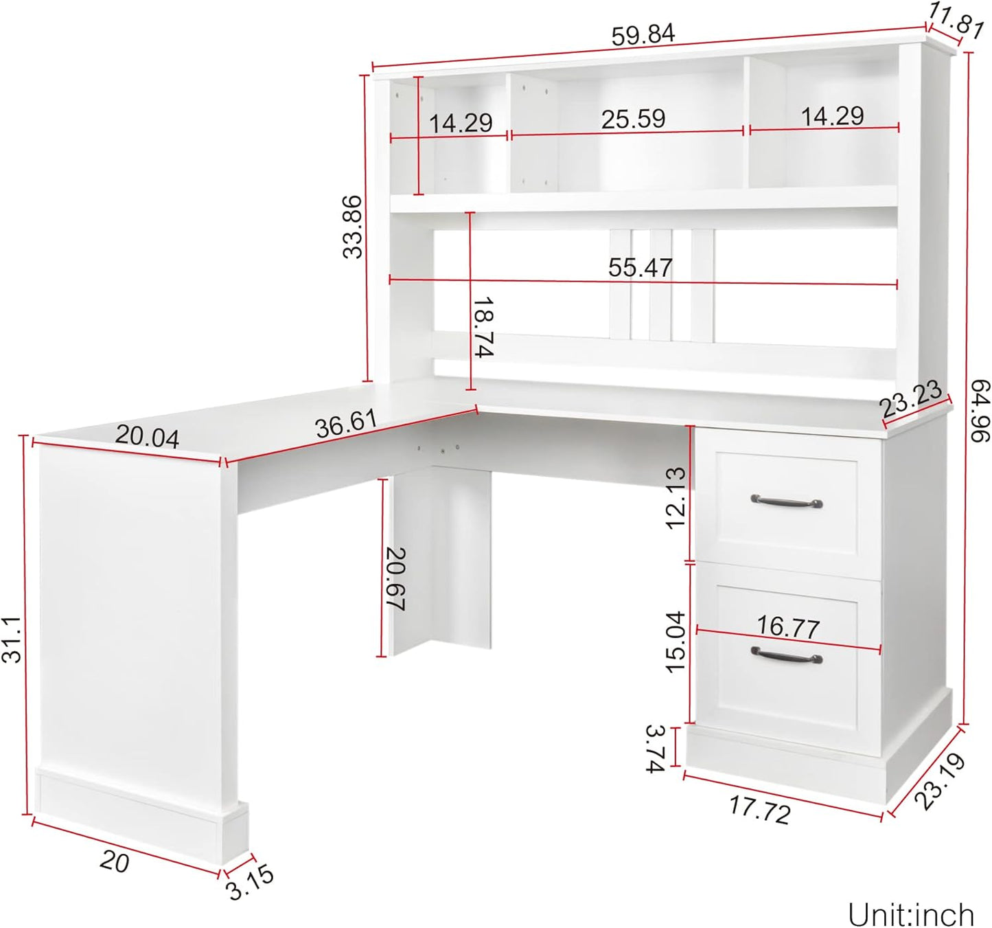 Bellemave L Shaped Computer Desk with Hutch, Home Office Desk with Drawers and Bookshelf, Corner Desk, Study Table Writing Desk with Storage, Easy Assemble, Antiqued White