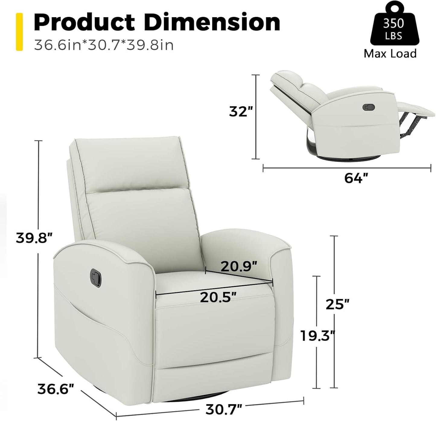 ANJ Manual Swivel Rocker Recliner, Glider Recliners with Padded Armrest and Backrest, Soft Leather Nursery Rocking Recliner Chair Reclining Sofa for Living Room
