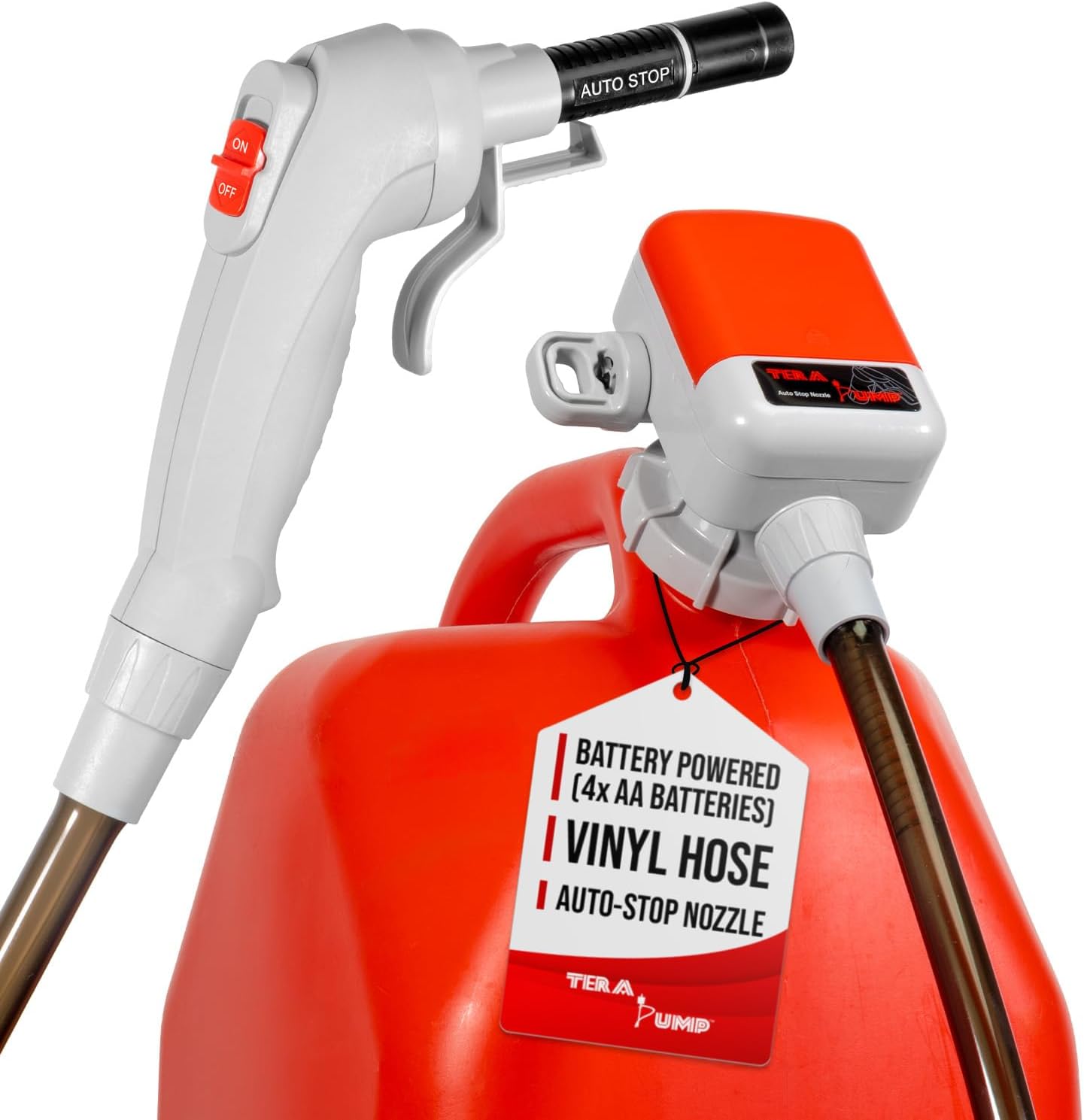 TERA PUMP TRFA03-XL Universal Gas Can Adapter Cap Battery Powered Fuel Transfer Pump (2.3 GPM) No Spill Sensor, 4.27 ft Vinyl Hose, Utility Jug Adapter, Power Nozzle, 4x AA Power