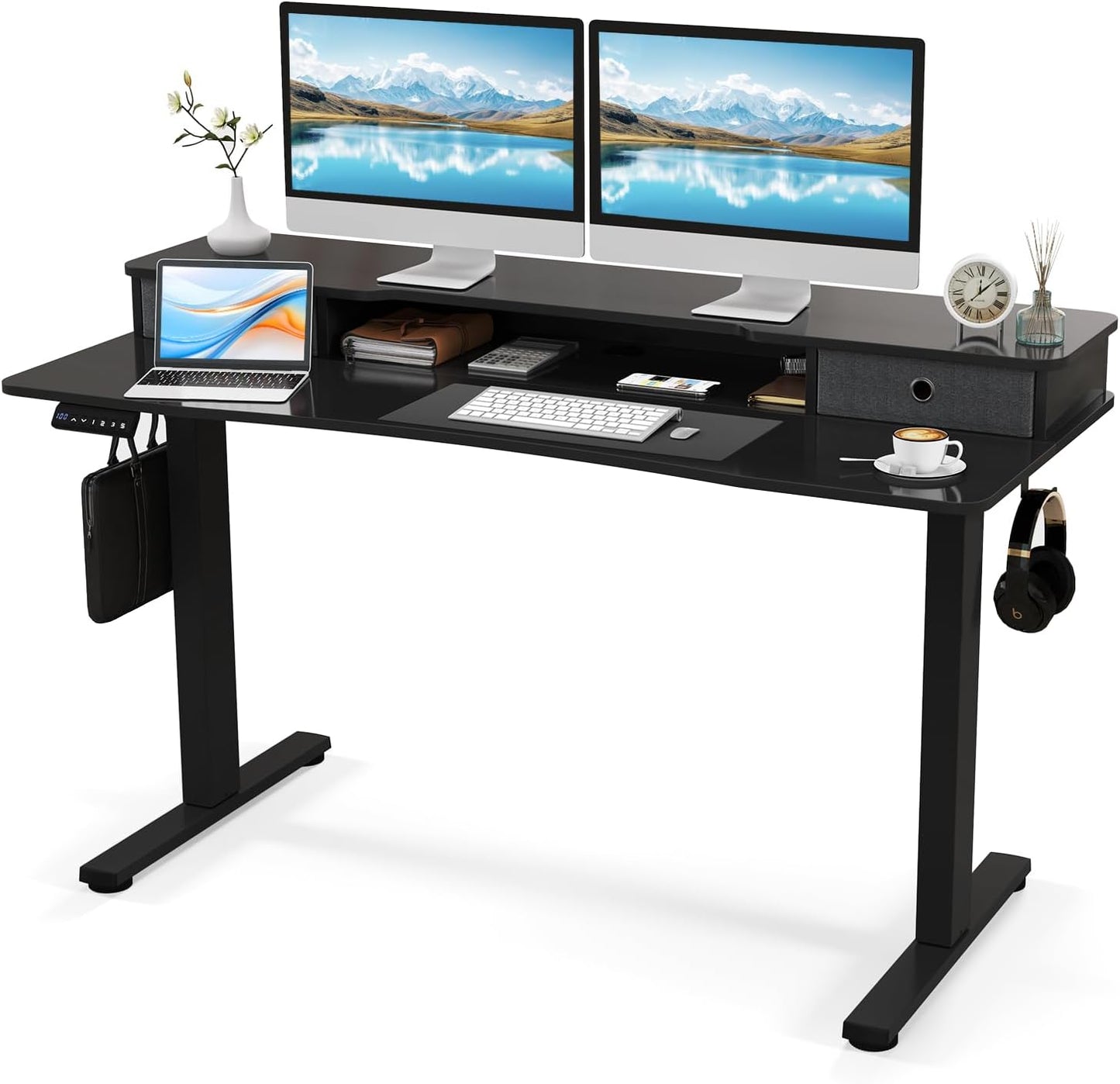 Tangkula 63" x 24" Standing Desk with Drawers, Electric Stand-up Desk with Monitor Stand, Side Hooks, 3 Memory Heights, Anti-Collision Design, Height Adjustable Sit Stand Desk for Home Office