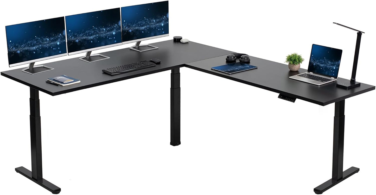 VIVO Electric Height Adjustable 83 x 60 inch Corner Stand Up Desk, 2 Light Wood Solid Table Tops, White Frame, Memory Controller, L-Shaped Workstation, 3E Series, DESK-KIT-3E8C