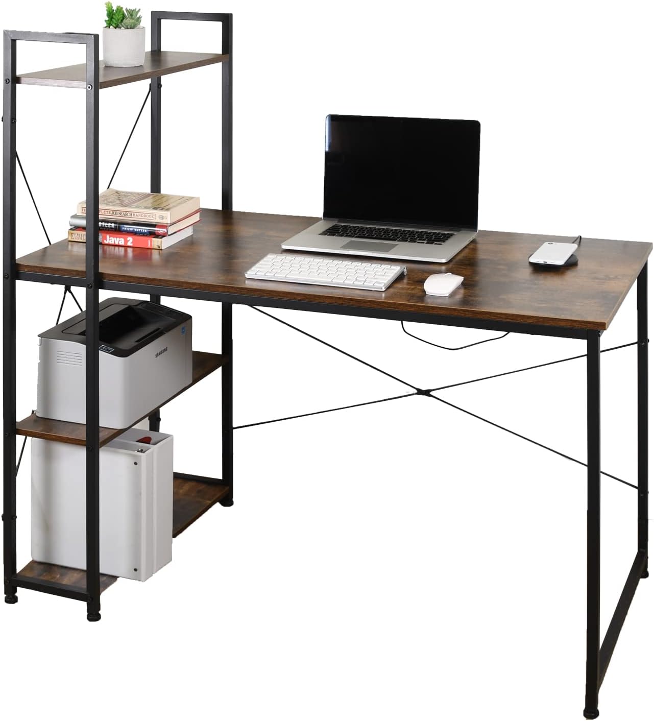 AEONS Computer Study Desk with Storage Shelves, Home Office Desk with Reversible Bookshelf Study Writing Table Corner Desk 47”, Wood & Metal, Space-Saving
