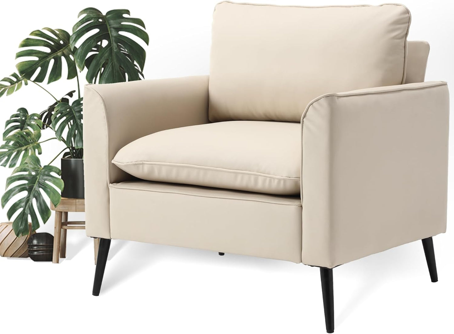 Beige Leather Accent Chairs Set of 2, Mid-Century Modern Accent Arm Chair with Black Metal Legs, Comfy Upholstered Reading Sofa Chair Reception Chairs for Living Room Bedroom Office
