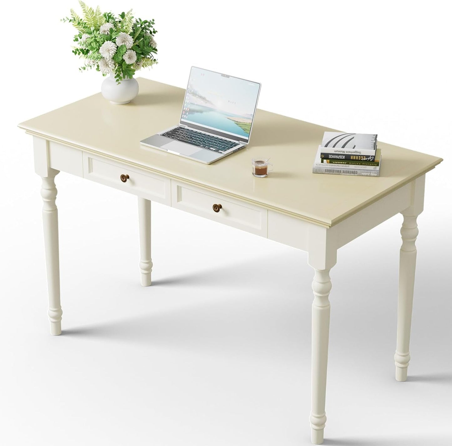 ADORZ White Desk with Drawers, 47 Inch Home Office Desks Solid Wood Writing Desk for Home Office, Study Workspace or Bedroom