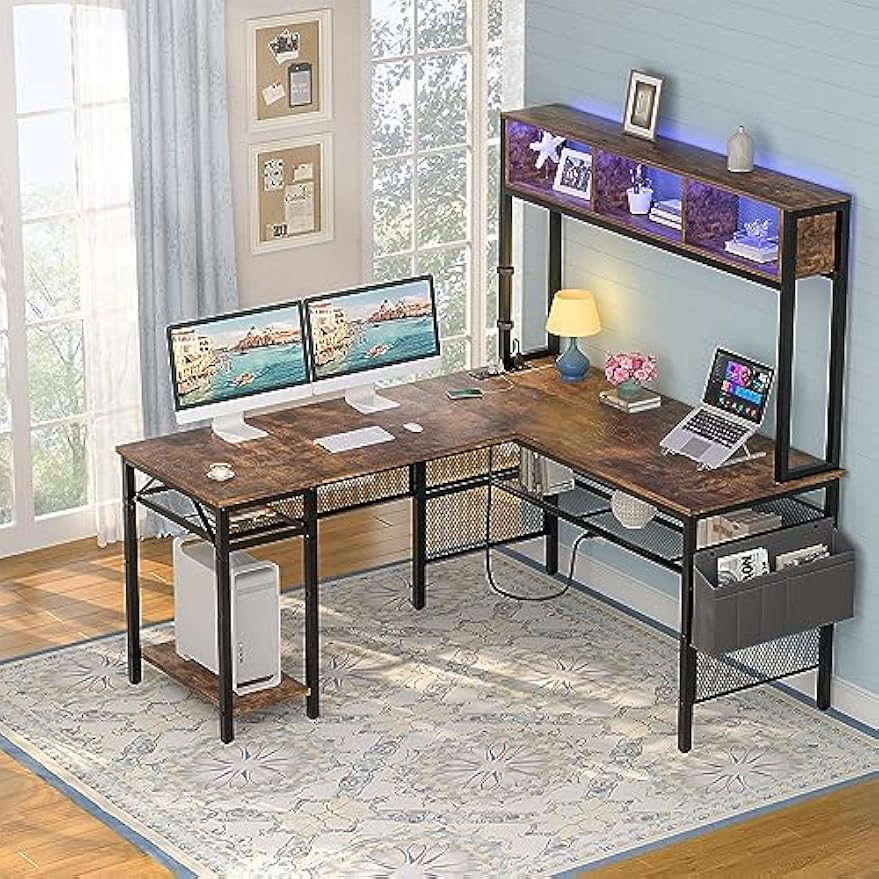 Aheaplus L Shaped Gaming Desk with LED Lights & Power Outlets, 55 Inch L-Shaped Computer Desk with Storage Shelf & Monitor Stand, Corner Desks 2 Person Reversible Desk Home Office Desk, Rustic Brown
