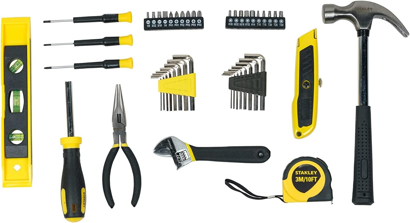 STANLEY STHT74981 Small Home Tool Kit For Home & DIY Use(47-pieces) - Includes Screwdriver, Hammer, Wrench, Pliers, Measurement Tape, Knife, Magnetic Drivers, Tool Box