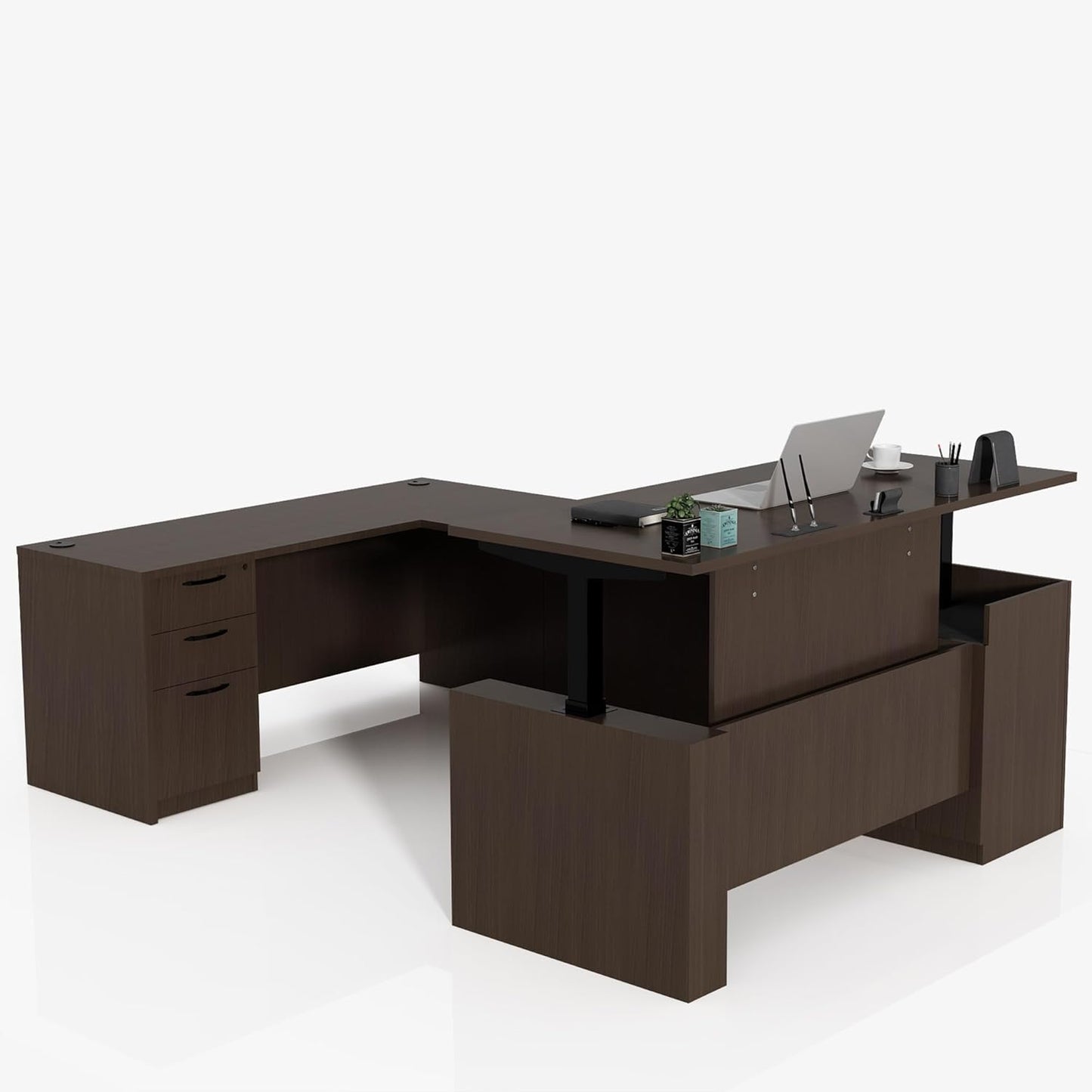 66.93'' Height Adjustable L-Shaped Executive Desk with Drawers and Shelves (Espresso)