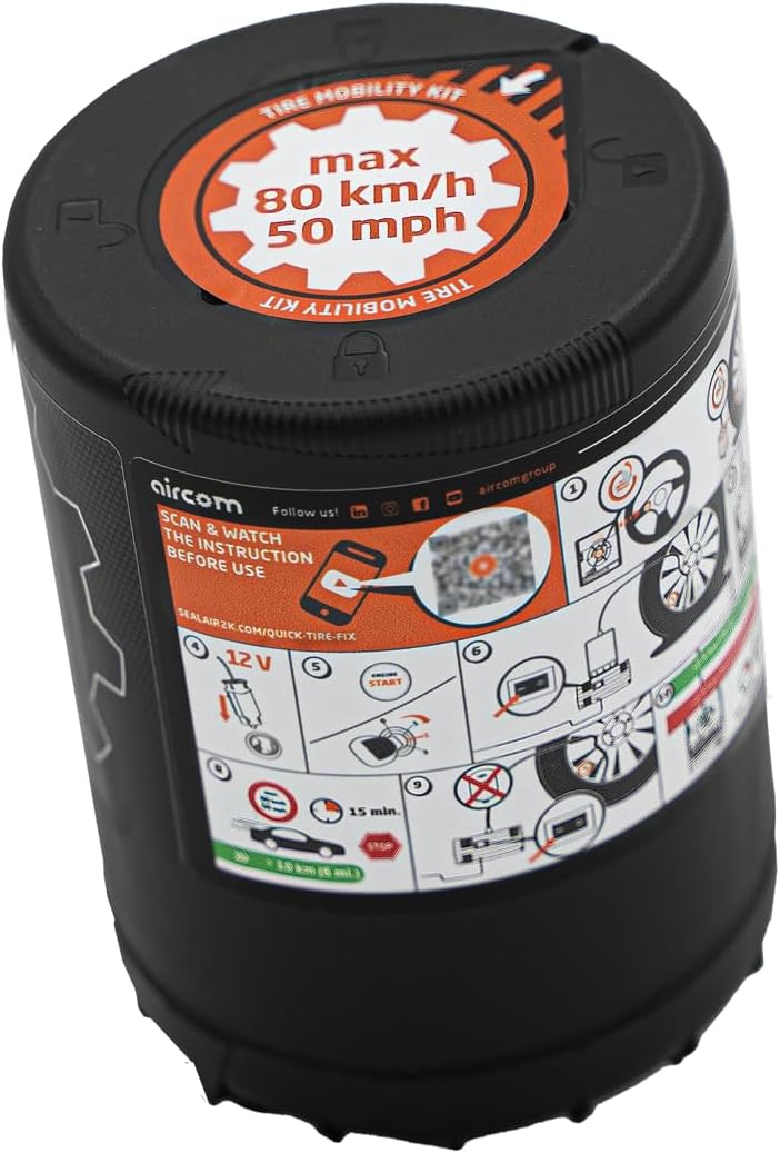 Automobile Tire Mobility Kit by Aircom, Emergency Tire Puncture Repair, 5903707591084, Direct OEM Replacement for Many luxury and Major Vehicle Manufacturers Tire puncture Kits.