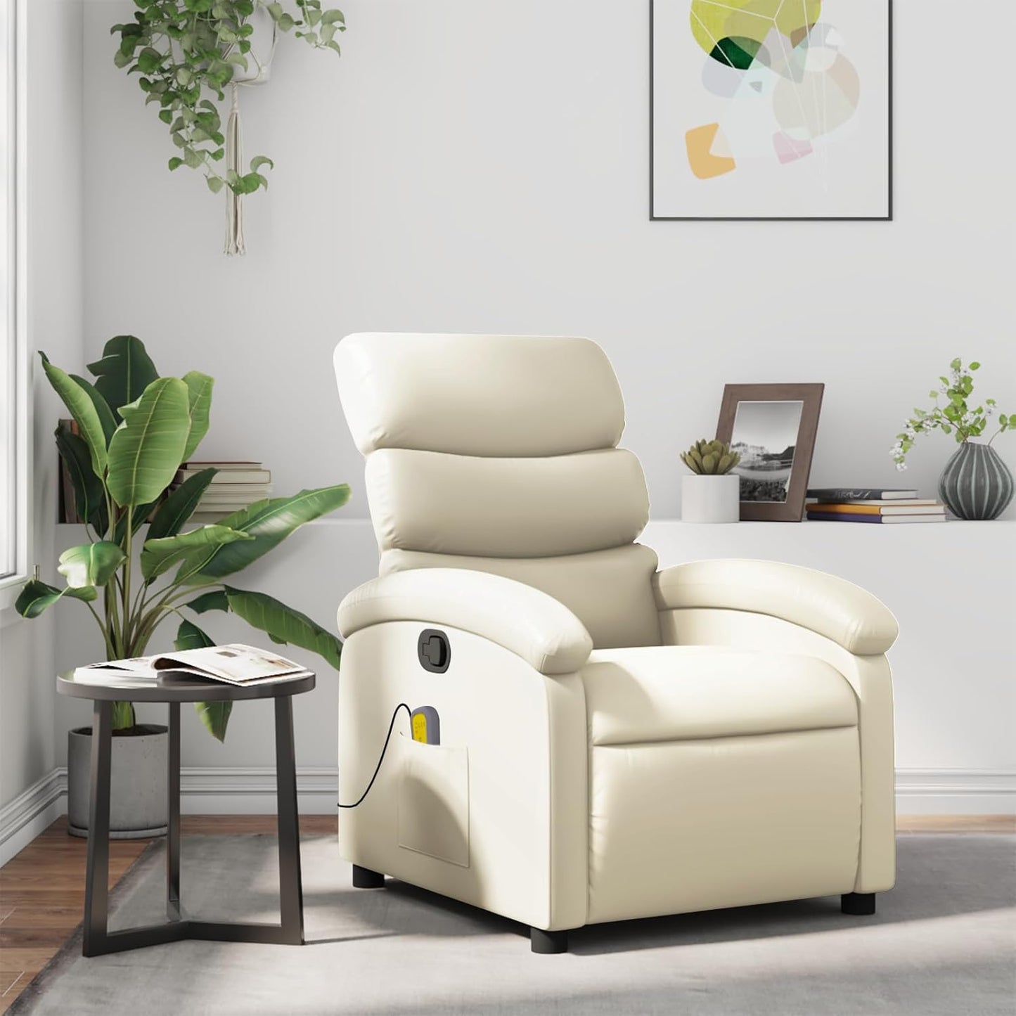 vidaXL Massage Recliner Chair for Adults, Single Theater Seating with Vibration Massage & Manually Adjustable Backrest/Footrest, Modern Reclining Sofa for Living Room, Cream Leather