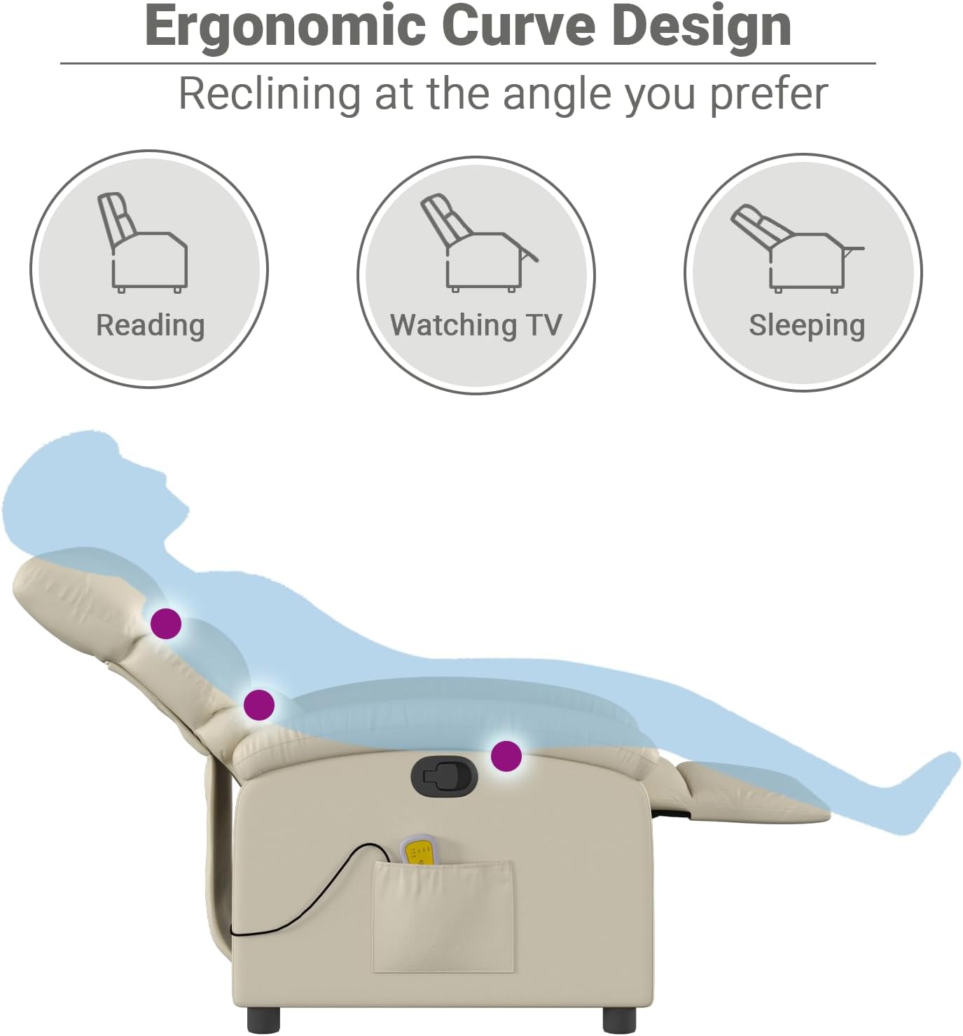 vidaXL Massage Recliner Chair for Adults, Single Theater Seating with Vibration Massage & Manually Adjustable Backrest/Footrest, Modern Reclining Sofa for Living Room, Cream Leather